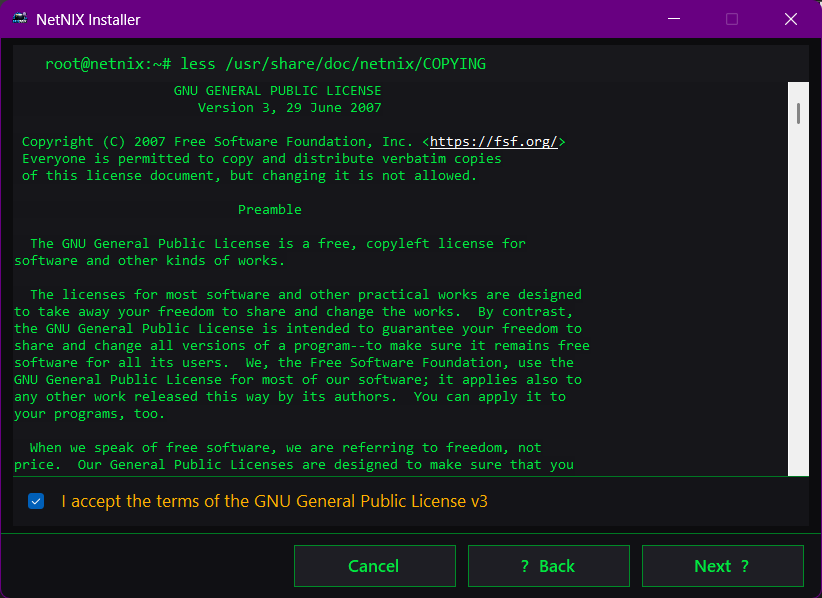 NetNIX Installer — License Agreement